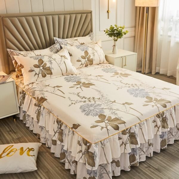 Floral print sheets, three-sided piping, 14-inch hem, with dust-proof ruffles, botanical pattern bed skirt, 3-piece set, includes 1 sheet and 2 pillowcases (King).