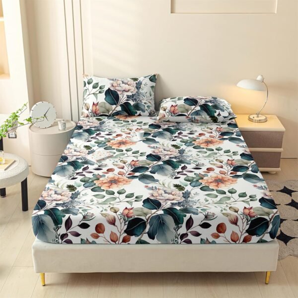Double Fitted Sheet - Floral Pattern Brushed Microfiber Fitted Sheet, 15-inch Deep Pockets with Elastic Bound Edges - Shrink-resistant and fade-resistant, Floral Print Bedding