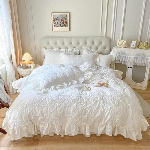 100% Cotton Queen Size Duvet Set, Elegant Lace Ruffled Duvet Cover Set, Super Soft and Breathable Twill Washed Cotton Princess Style Four-Piece Bedding Set, Includes Bed Skirt, White, King Size Single Bed