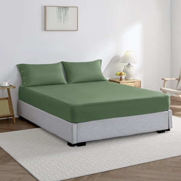 Fitting sheet, double bed, 100% cotton, green, single pack, easy to install, 16-inch deep pocket, solid color, 100% washed cotton, soft, breathable, durable fitted sheet (39 inches x 75 inches + 16 inches) (inches)