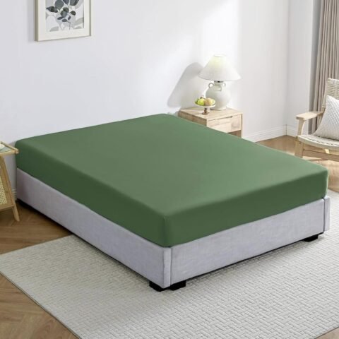 Fitting sheet, double bed, 100% cotton, green, single pack, easy to install, 16-inch deep pocket, solid color, 100% washed cotton, soft, breathable, durable fitted sheet (39 inches x 75 inches + 16 inches) (inches)