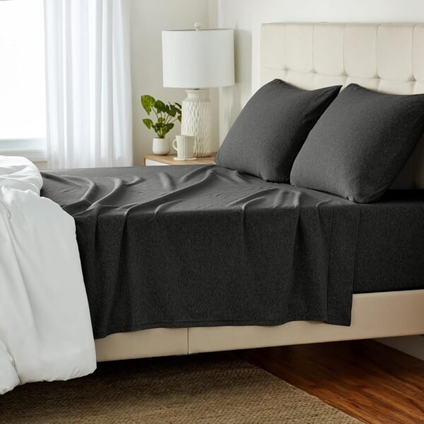 Four-piece sheet set, 100% cotton knit fabric, includes an ultra-soft sheet, fitted sheet, and pillowcases, queen size, dark grey, solid color