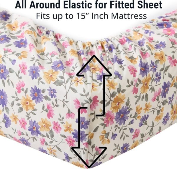 Purple and Yellow Floral Pattern Sheet Set - 4-Piece Sheet Set - Wrinkle-resistant and ultra-soft - Fits mattresses up to 15 inches thick (Queen Size)