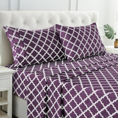 Four-leaf clover pattern full-size sheet set - four-piece ultra-soft microfiber sheet set, includes sheet, 16-inch deep pocket fitted sheet and pillowcases, breathable, bedroom decor, Oeko-TEX certified - purple