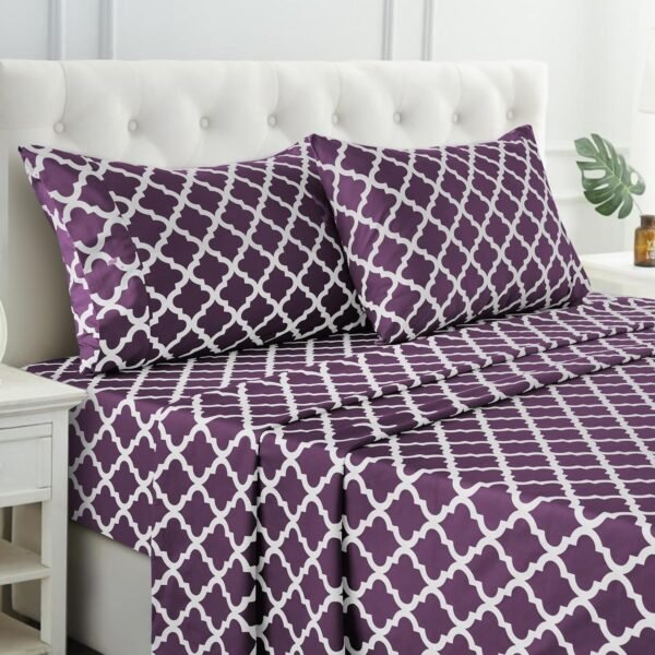 Four-leaf clover pattern full-size sheet set - four-piece ultra-soft microfiber sheet set, includes sheet, 16-inch deep pocket fitted sheet and pillowcases, breathable, bedroom decor, Oeko-TEX certified - purple