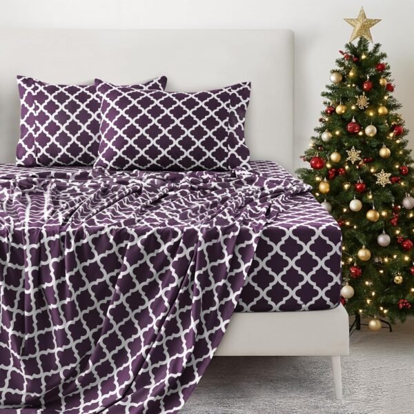 Four-leaf clover pattern full-size sheet set - four-piece ultra-soft microfiber sheet set, includes sheet, 16-inch deep pocket fitted sheet and pillowcases, breathable, bedroom decor, Oeko-TEX certified - purple