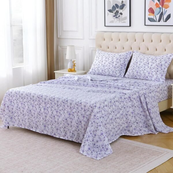 Floral Pattern King Size Sheet Set - 4-Piece Purple Lavender Floral Pattern Sheet Set - Soft and breathable microfiber sheet with deep pocket design, non-slip fitted sheet and pillowcases