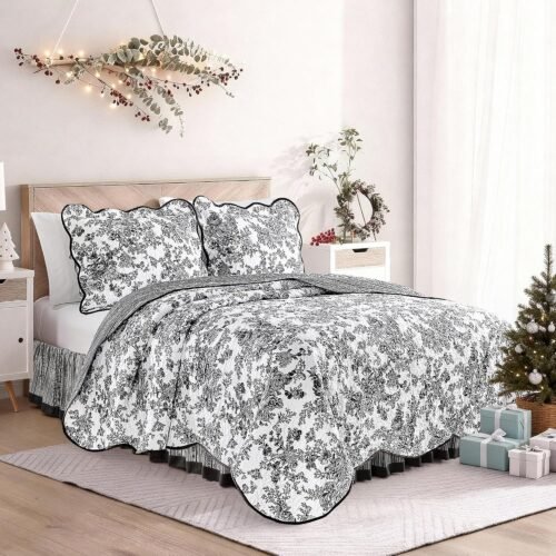 100% cotton black floral quilted duvet set, King bed, includes pillowcases and bed skirt, 4-piece floral pattern bedspread set, all seasons quilted blanket bedspread, 104 inches x 90 inches.