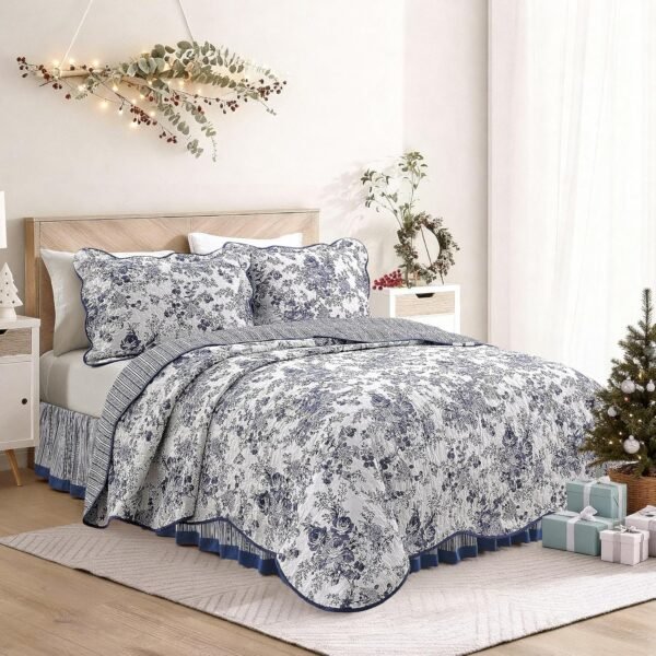 100% cotton blue floral quilted duvet set, King bed, includes pillowcases and bed skirt, 4-piece set, floral bedspread, quilted blanket, all seasons, 88 inches x 90 inches.