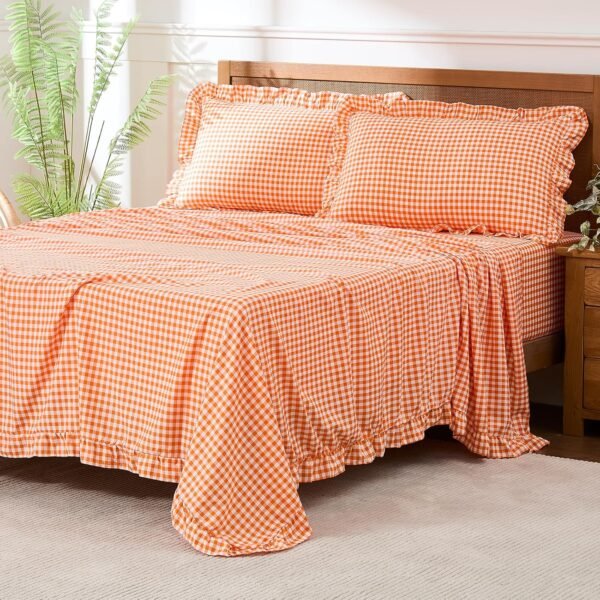 Checkered Queen sheet set, lightweight and ultra-soft brushed microfiber checkered fall sheets, 16-inch deep pockets, four-piece ruffled farmhouse style bedroom decor, orange