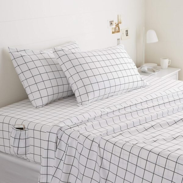 Soft microfiber four-piece sheet set, with elastic side pockets, full size, black checkered geometric pattern