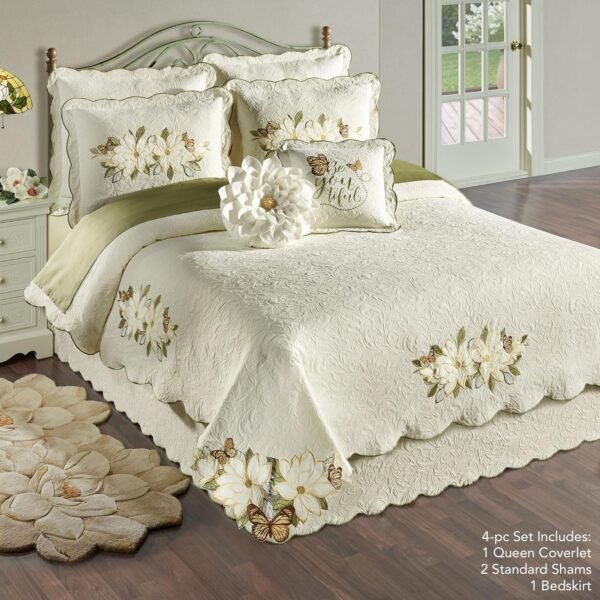Luxury quilted bedding | Magnolia, butterfly and leaf velvet appliqu?? | Four-piece ivory textured scroll lightweight bedding set: oversized Queen size duvet cover, bed skirt and two standard pillowcases
