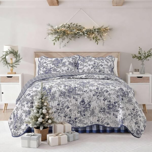 100% cotton blue floral quilted duvet set, King bed, includes pillowcases and bed skirt, 4-piece set, floral bedspread, quilted blanket, all seasons, 88 inches x 90 inches.