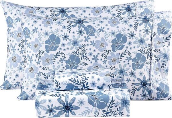 Full-size sheet set - Four-piece soft and breathable microfiber sheet set - blue and white floral pattern, full size - includes a deep-pocket, non-slip floral fitted sheet, suitable for all seasons.