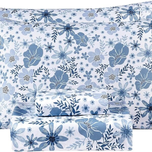 Full-size sheet set - Four-piece soft and breathable microfiber sheet set - blue and white floral pattern, full size - includes a deep-pocket, non-slip floral fitted sheet, suitable for all seasons.