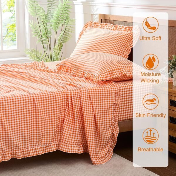 Checkered Queen sheet set, lightweight and ultra-soft brushed microfiber checkered fall sheets, 16-inch deep pockets, four-piece ruffled farmhouse style bedroom decor, orange