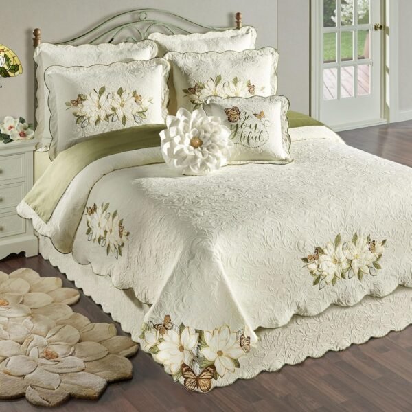 Luxury quilted bedding | Magnolia, butterfly and leaf velvet appliqu?? | Four-piece ivory textured scroll lightweight bedding set: oversized Queen size duvet cover, bed skirt and two standard pillowcases