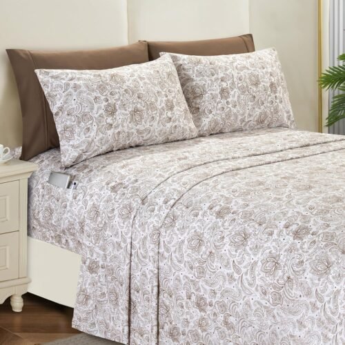 Elegant and comfortable, ultra-soft and comfortable four-piece sheet set - 1500-count premium hotel quality microfiber - Deep pocket design, wrinkle-resistant four-piece paisley sheet set, king size, dusty brown paisley pattern